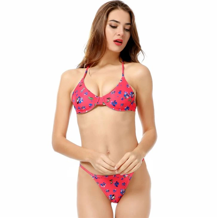 Flower Printing Bandage High Waist Bikini Swimwear Women