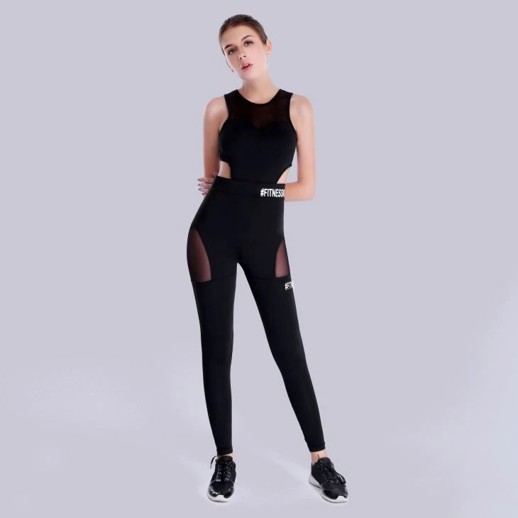 Letter Printing Mesh Yoga Sports Jumpsuit
